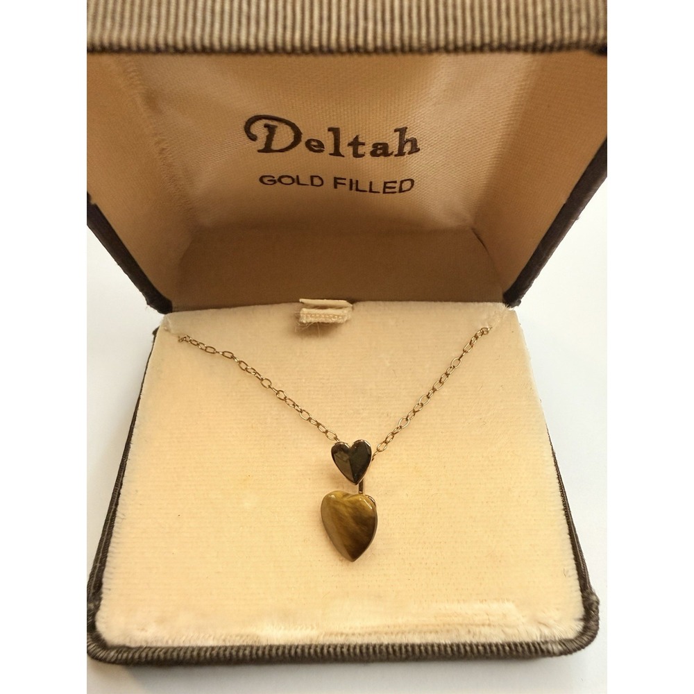 Deltah Gold Filled Double Heart Tiger's Eye Necklace